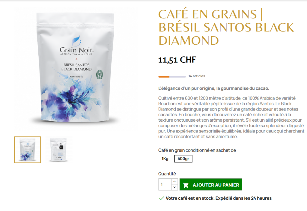Capture de la fiche produit Brésil Santos Black Diamond sur le site Grain Noir.