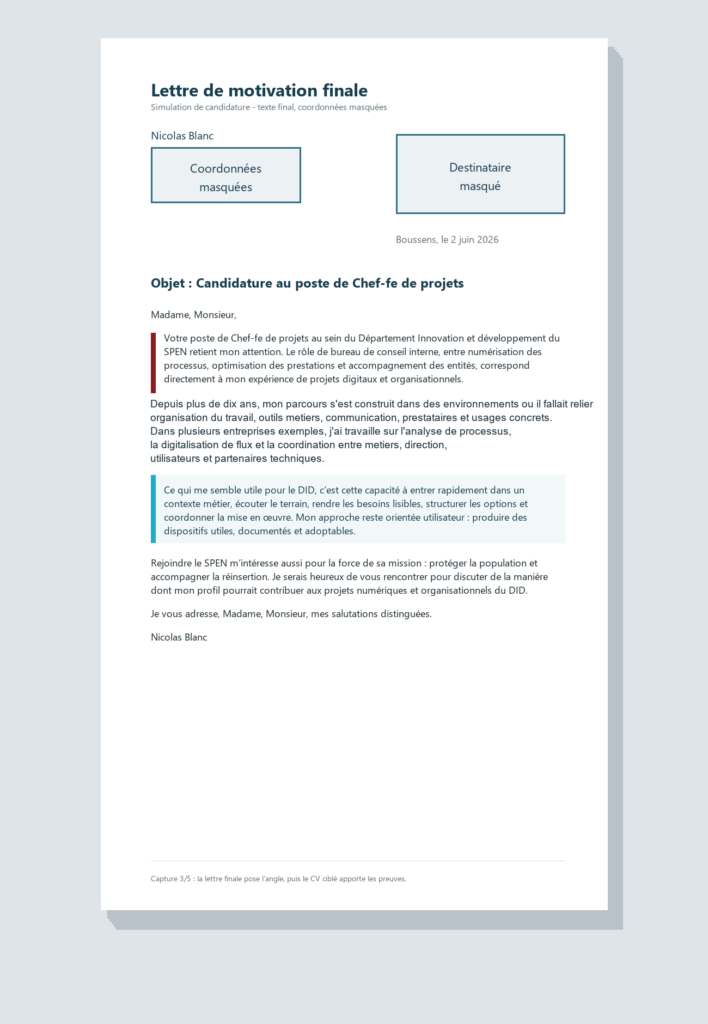 Lettre de motivation finale avec coordonnées masquées et employeurs remplacés par des exemples