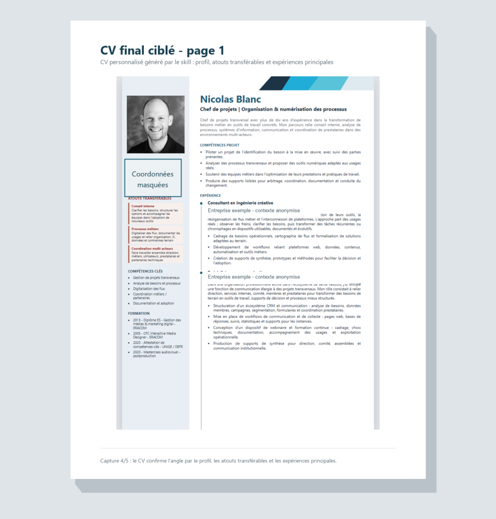 Première page du CV final ciblé avec coordonnées masquées et employeurs anonymisés