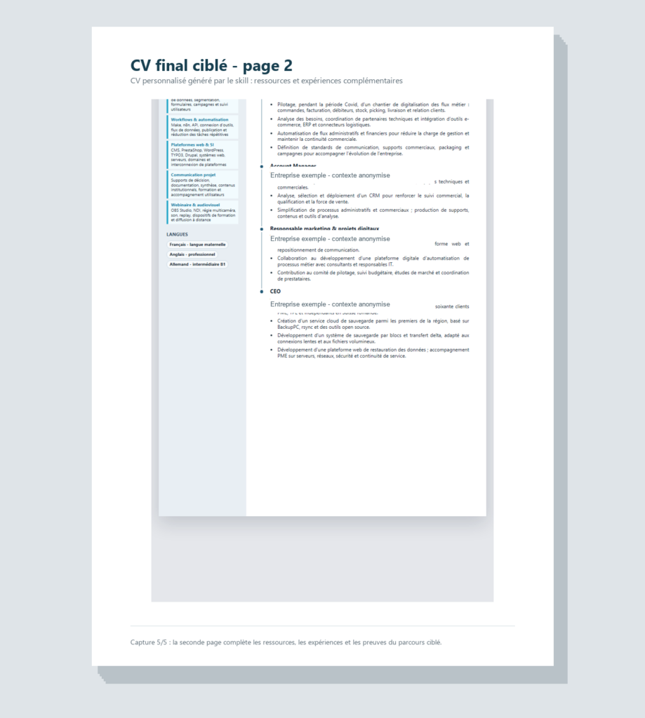 Seconde page du CV final ciblé avec employeurs anonymisés