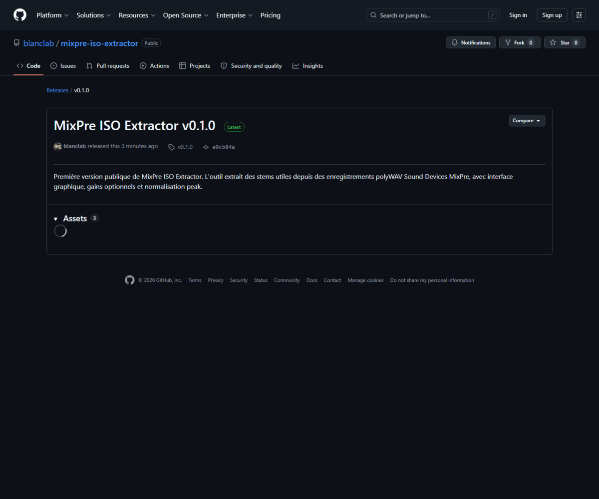 Page de release GitHub MixPre ISO Extractor v0.1.0 avec le lien de téléchargement de la première version publique.