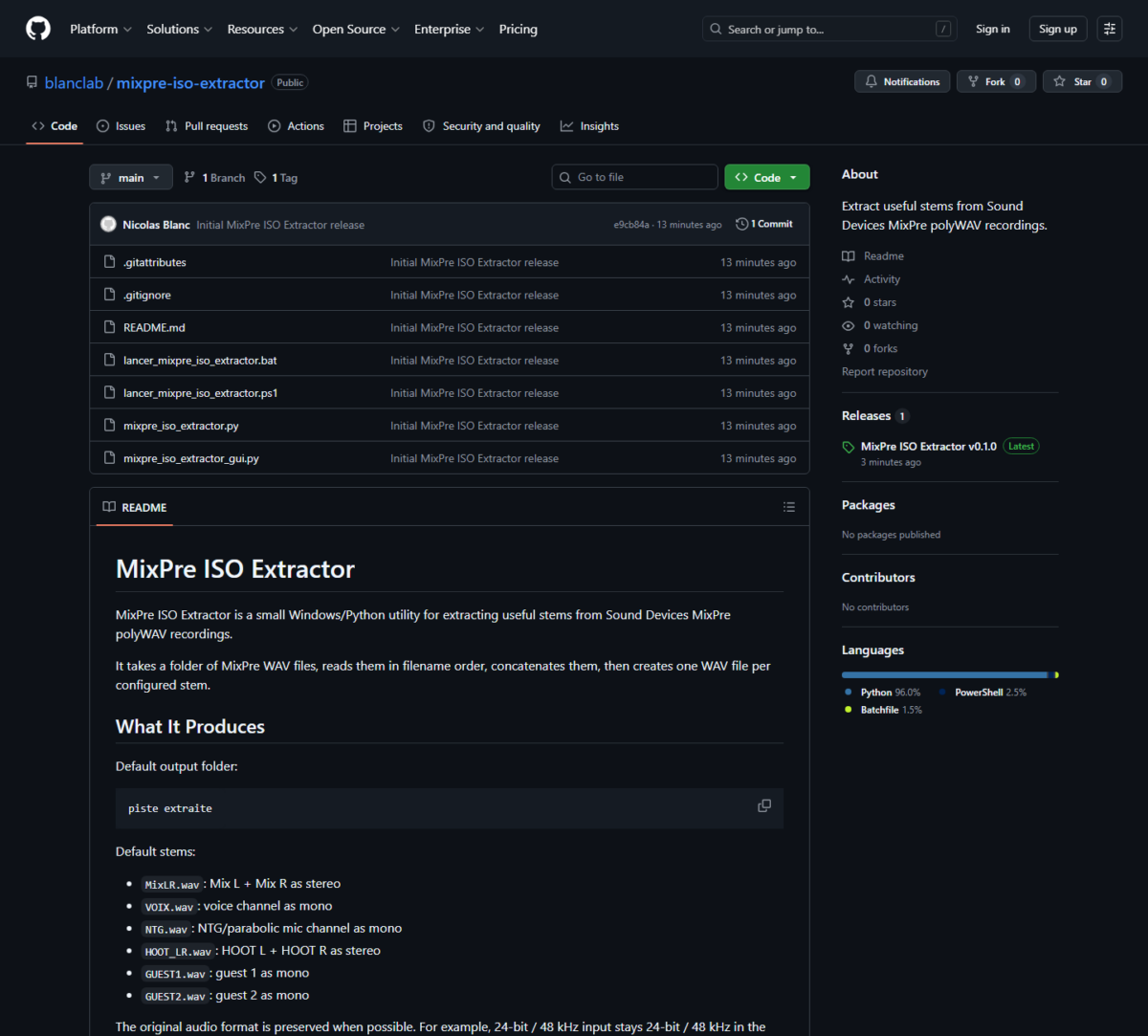 Dépôt GitHub public blanclab/mixpre-iso-extractor avec les fichiers Python, les lanceurs Windows et le README.