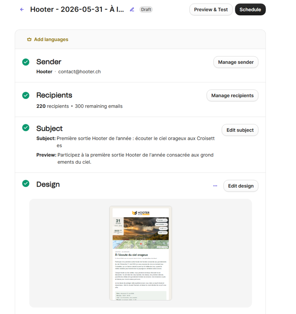 Brouillon Brevo Hooter avec expéditeur, audience, objet, préheader et design de newsletter préparés avant validation humaine.