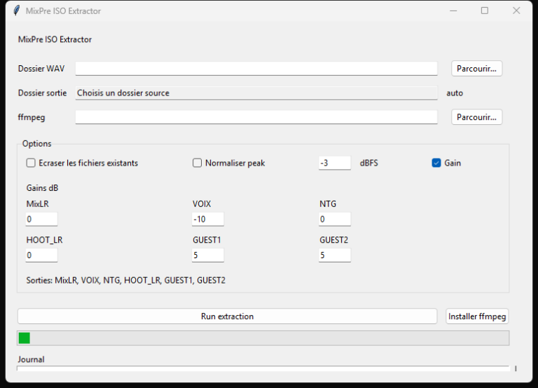Interface locale MixPre ISO Extractor, conçue pour extraire les pistes utiles d'un polyWAV Sound Devices en fichiers WAV exploitables.